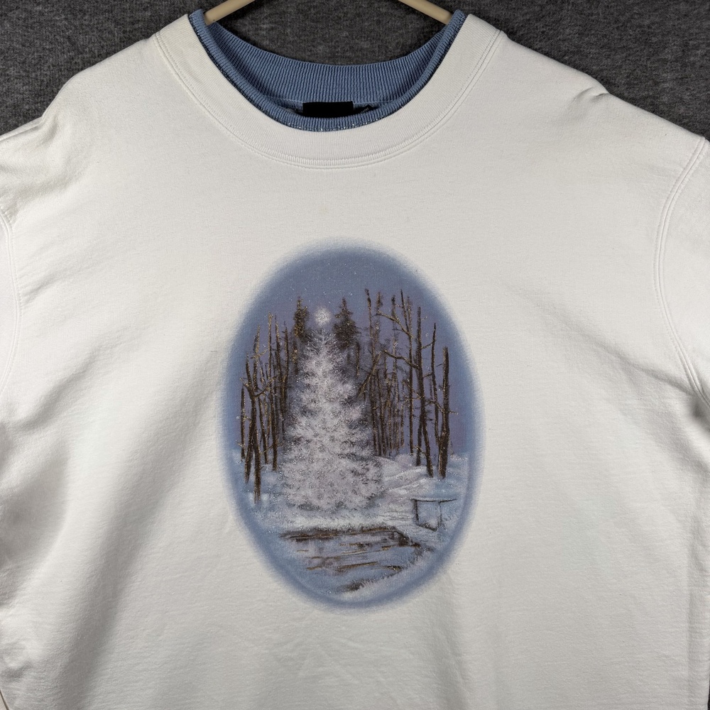 C&B Sport Sweatshirt Womens 1X Winter Christmas Tree Glitter White Blue Pullover